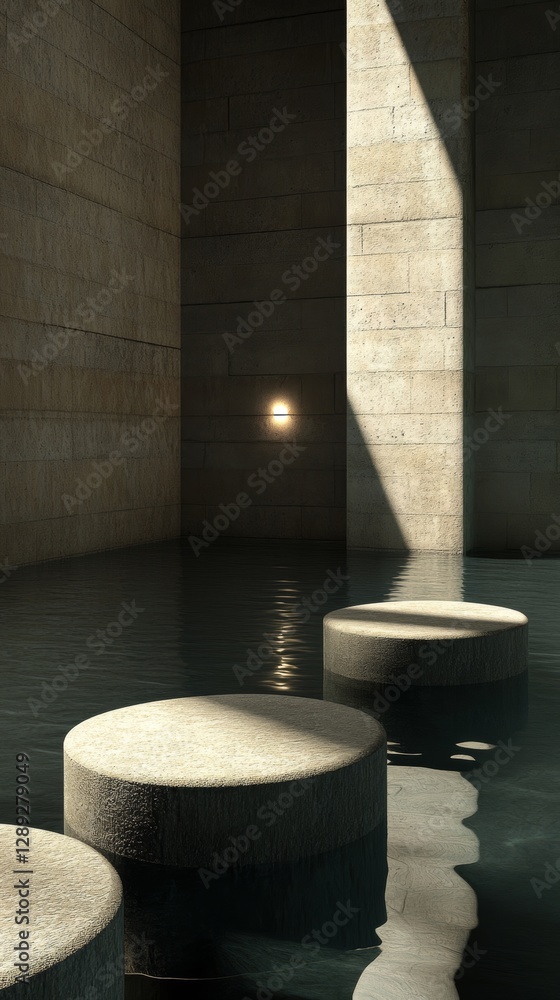 Poster circles of stone float serenely in tranquil water with soft light illuminating the surrounding archi