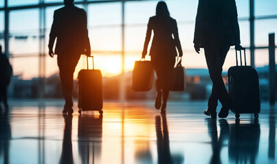 A diverse group walks through the busy airport with luggage
