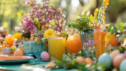 Colorful outdoor spring table setting with fresh juice, flowers, and Easter eggs, ideal for festive gatherings and celebrations.