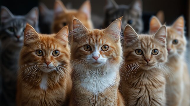 A group of adorable cats gazes intently at the camera, showcasing their fluffy fur and soulful eyes.