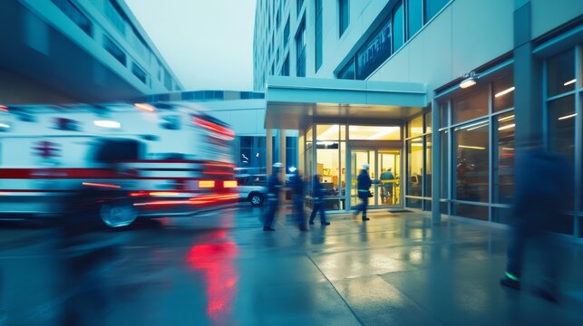 Hospital rush with paramedics moving quickly through a busy ER entrance. Featuring teamwork and time-sensitive action