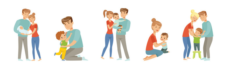 Mom and Dad Parent with Little Kid Vector Set.