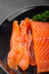 salmon raw fresh fish seafood fresh tasty food dish вelicious gourmet food background on the table rustic food top view copy space pescetarian  diet Vegetarian food