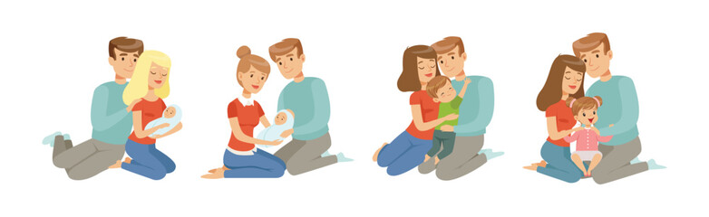Mom and Dad Parent with Little Kid Vector Set.
