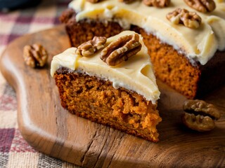 A thick slice of spiced carrot cake with cream cheese frosting, walnuts sprinkled on top, on a wooden cutting board.