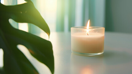 burning wax candle and monstera leaf