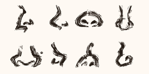 Hand Drawn Noses with Bulky Lines and Grunge Texture. Abstract and funny nose collection isolated on white background