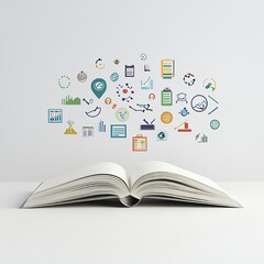 Business Resources Icons: Books, Charts, and Tools with Light Effects and Copy Space