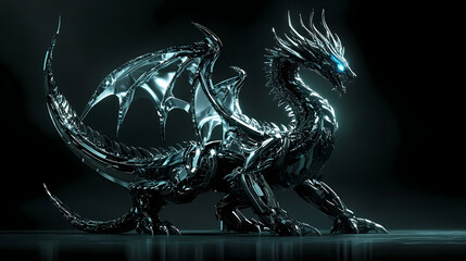 Intricate metallic dragon poised majestically against a dark background reflecting futuristic artistry and technological prowess at twilight. Cybernetic Mythological Dragon. Illustration