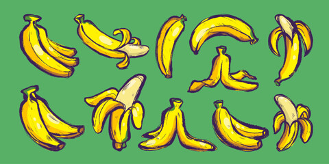 Hand Drawn Delicious Banana Fruits. Colorful grunge abstract bananas with bold outline and texture. Clipart juicy food in doodle style 
