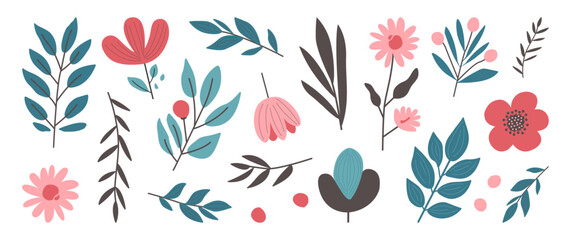 Spring flower and leaves, floral icon, cute plant set, doodle garden branch, summer leaf hand drawn, simple rustic collection retro art isolated on white background. Vintage nature vector illustration © Sylfida