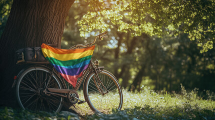 Fototapeta premium A Creative Photograph of a Pride Flag Elegantly Wrapped Around a Vintage Bicycle Parked by a Tree, Symbolizing the Blend of Tradition and Modern Identity in a Vibrant and Meaningful Scene