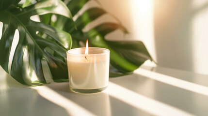 burning wax candle and monstera leaf
