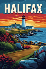 Halifax Travel Poster .Scenic Skyline & Historic Canadian Landmarks Art. graphic travel posters of halifax