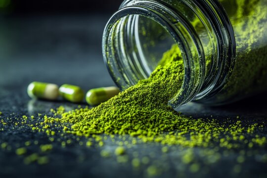 An opened capsule has spilled vibrant green powder onto a dark surface, blending with nearby capsules. The texture and color create a visually striking contrast in this energized moment