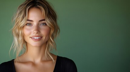 Fototapeta premium Blonde model smiling with green background, perfect beauty portrait