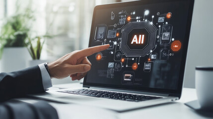Businessman Interacting with AI Interface on Laptop Screen