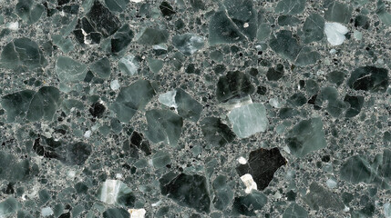 Dark green terrazzo seamless pattern with natural stone fragments
