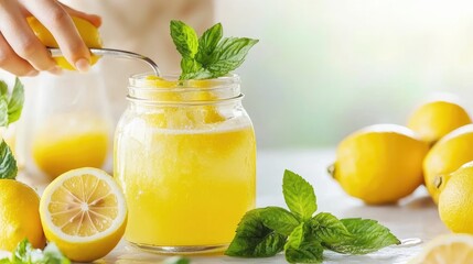 Person preparing lemonade, fresh lemons and mint on a table. Possible use Stock photo for food, drinks, and beverages