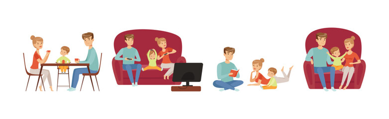 Mom and Dad Parent with Little Kid Vector Set.