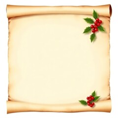 Rustic scroll paper with a holly accent in the corner, ideal for Christmas-themed designs, invitations, or holiday decor with a vintage flair. Perfect Any Project.
