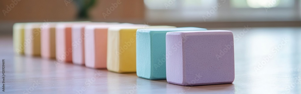 Poster a row of soft pastel yoga blocks is neatly lined up on a polished studio floor, inviting practitione