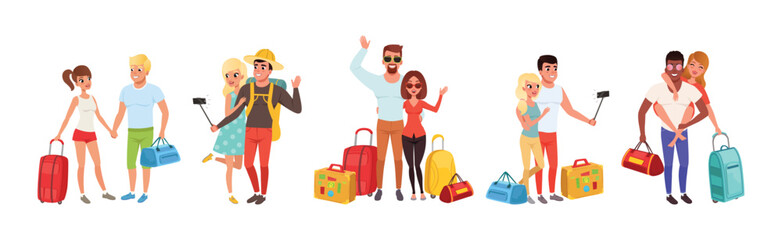 Happy Couple Enjoying Summer Vacation Together Having Honeymoon Trip Vector Set