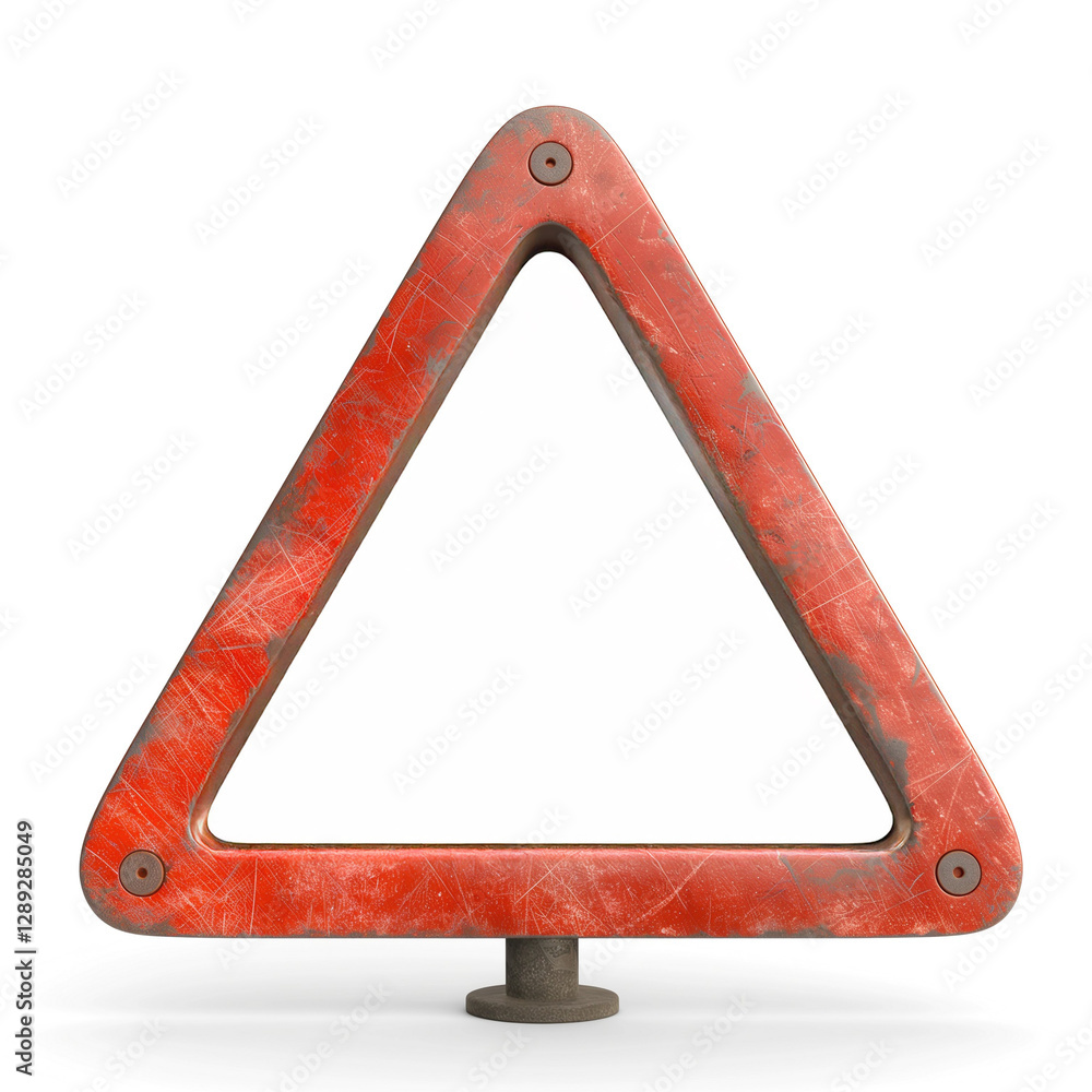 Poster a weathered red triangular warning sign, symbolizing caution and alertness in any setting.