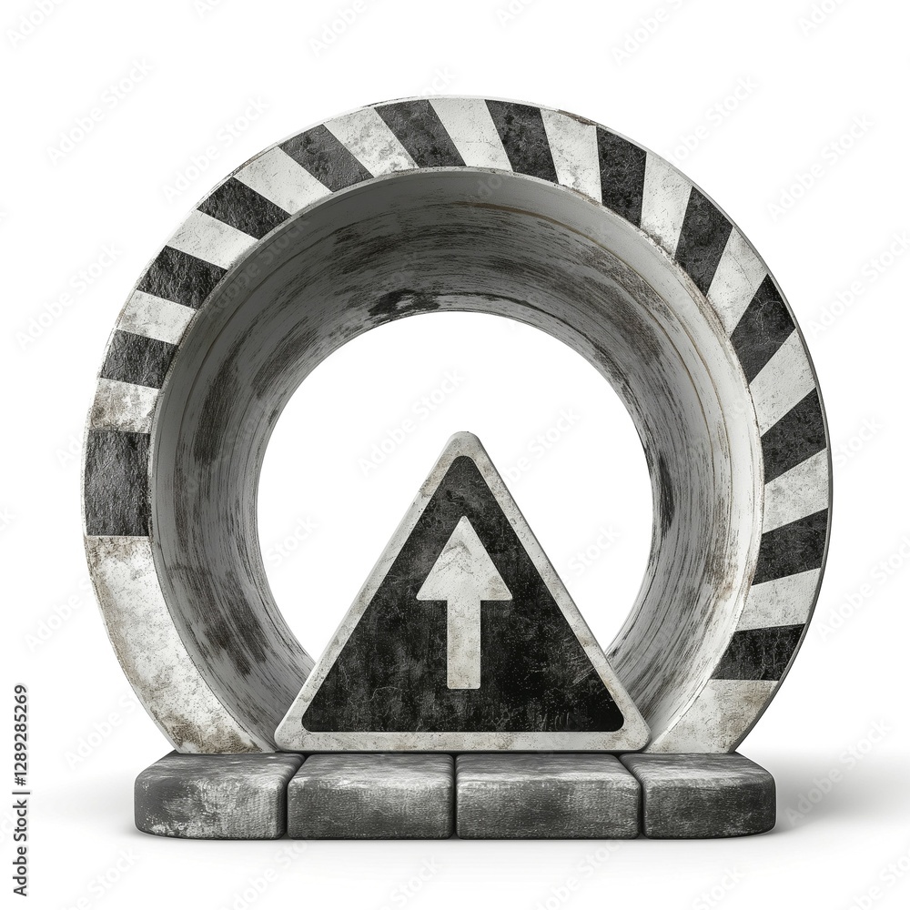 Poster a worn circular construction barrier with a triangular warning sign, indicating caution ahead, creat