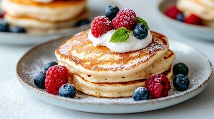 fluffy souffle pancakes, topped with a dollop of fresh whipped cream and assorted berries. Minimalistic white background luxurious breakfast concept, copy space
