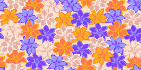 Colorful Flower Seamless Pattern with Elegant Hand Drawn Ink Herbs. Botanical hand painted plants with grunge texture