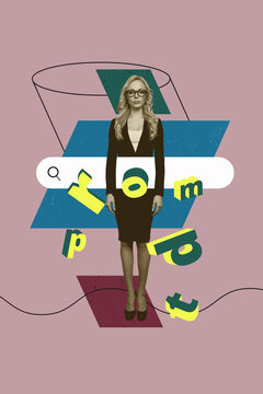 Composite artwork photo collage template sketch of manager human resources young lady stand research bar promt find website information