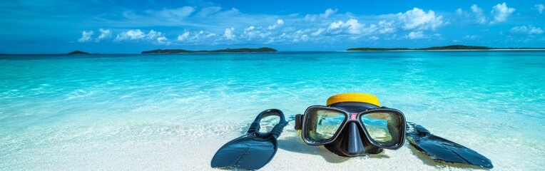 Colorful snorkeling mask and fins lie on the white sandy beach, surrounded by the clear turquoise water of a tropical paradise. The sky is vibrant with fluffy clouds