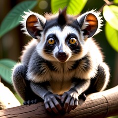 Obraz premium Detailed portrait of a wide eyed nocturnal lemur clutching a branch in moonlight 