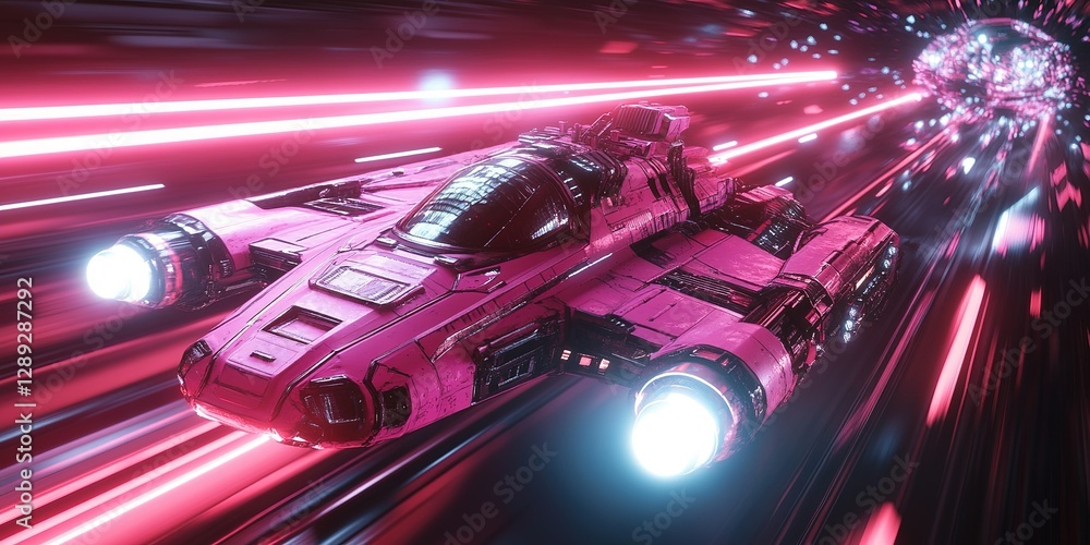 Poster futuristic spacecraft traveling through a colorful warp tunnel at high speed in a sci-fi universe se