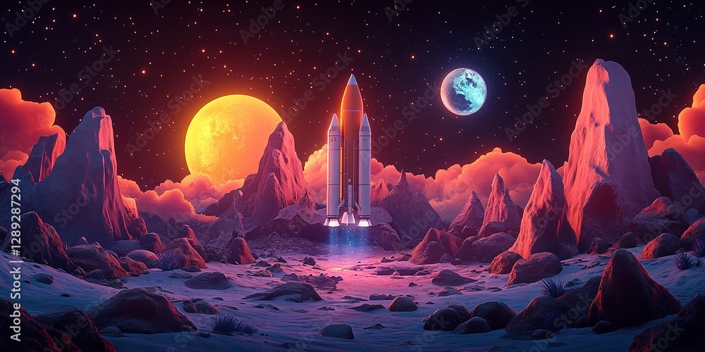 Poster rocket prepared for launch on a colorful alien landscape with planets in the background at twilight