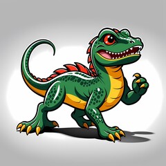 Fototapeta premium Fierce cartoon T‑rex with muscular limbs and sharp teeth on white background T‑rex 