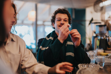 Warm and inviting atmosphere showing friends interacting in a brightly lit cafe setting. The image captures candid moments of youthful connection, laughter, and daily routine.