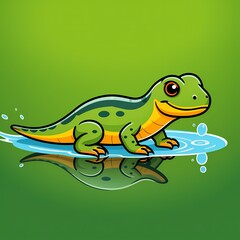 Obraz premium Green cartoon gecko dripping water on a bright green background 
