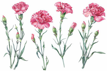 Obraz premium Illustration of blooming pink carnations with detailed stems and leaves, perfect for botanical art and floral design.