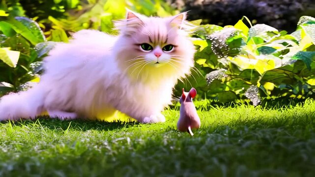Playful cat pursues a nimble mouse, showcasing grace and hunting instincts in a funny chase