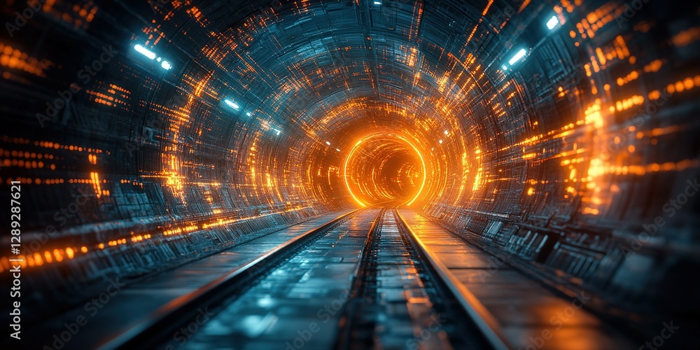 Poster digital tunnel with glowing orange patterns and reflecting metallic surface in futuristic setting