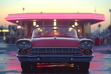 Stunning Vintage Car at Sunset with Neon Lights in Retro Gas Station Setting