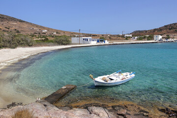 White sandy paradise beach of Prassa with turquoise crystal clear sea voted one of the best in Greece, Kimolos island, Cyclades