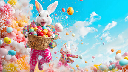 Joyful Easter Bunny Delivering Colorful Eggs Amidst Vibrant Spring Sky. Easter concept