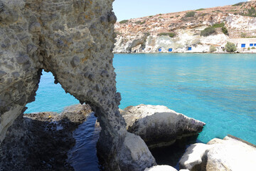 Famous elephant rock in picturesque Goupa seaside area with crystal clear sea in island of Kimolos,...