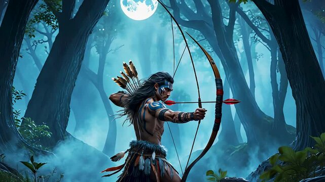 Fantasy archer in a mystical forest aiming an arrow under the moonlight
