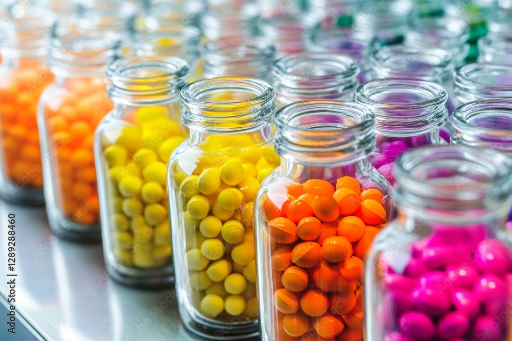 Poster tiny glass bottles filled with vibrant capsules are arranged in neat rows. each bottle showcases bri