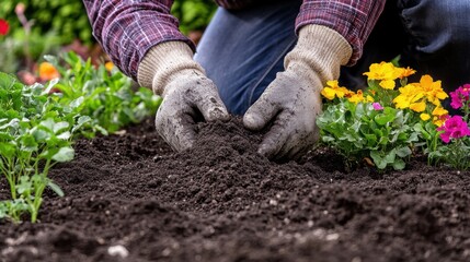 Fototapeta premium Closeup view of hands of gardener working in field planting flowers.
