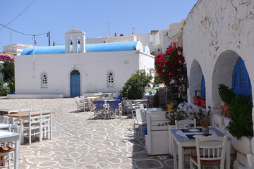 Picturesque main village of Kimolos island with beautiful cycladeic architecture  built above of port Psathi, Cyclades, Greece